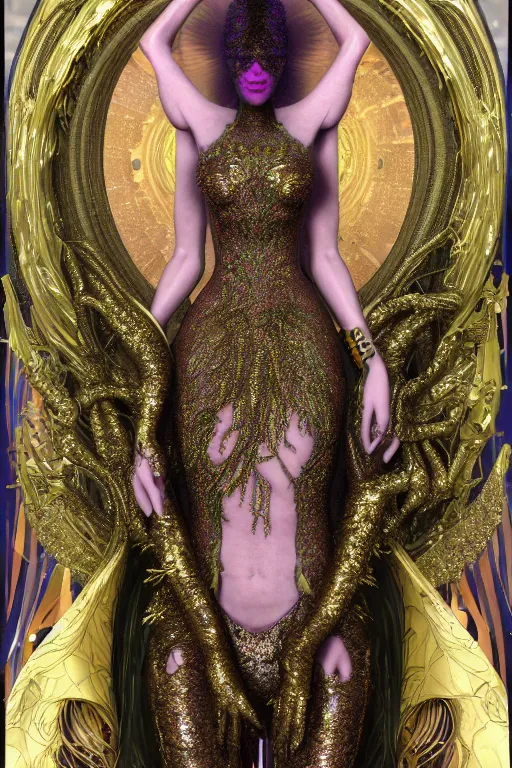 Image similar to a highly detailed metahuman 4 k render of an alien lsd goddess bella hadid in iris van herpen dress schiaparelli in diamonds swarovski and jewelry in style of alphonse mucha gustav klimt trending on artstation made in unreal engine 4