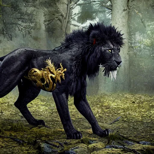 Image similar to epic pose of black lion with gold lightnings in the fur in the middle of the ancient forest , colossal scale, photorealistic, high details, intricate by Nick Nichols and Evgeniy Antonenkov