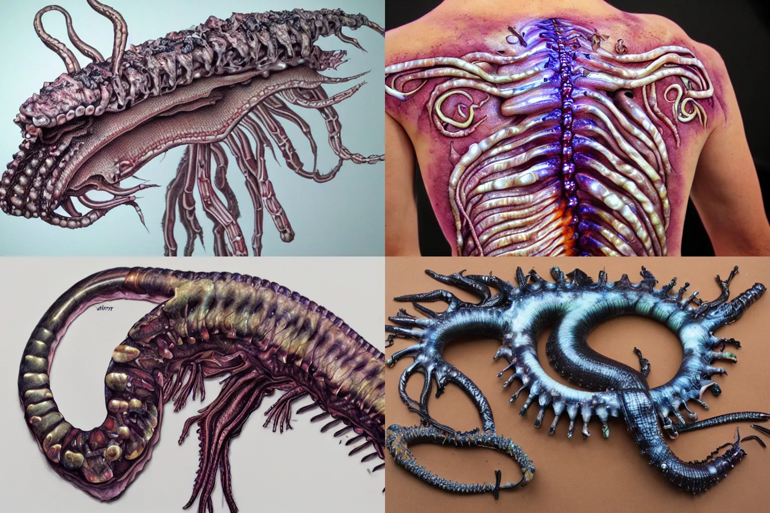 Prompt: biomechanical airbrushed eel monster embedded pearls ribs spinal cord