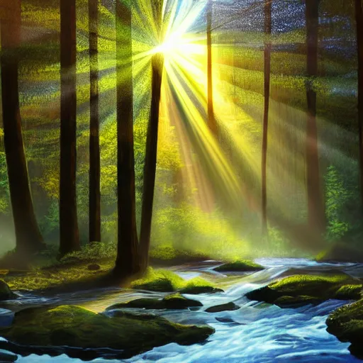 Image similar to forest, sun rays, with a river sparkling oil painting 4 k