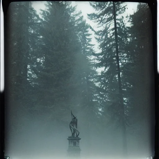 Prompt: a massive statue in a forest clearing reaching into the fog, night, old polaroid, expired film, megalophobia,