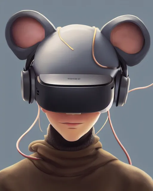 Image similar to a mouse wearing a VR headset on his head. By Makoto Shinkai, Stanley Artgerm Lau, WLOP, Rossdraws, James Jean, Andrei Riabovitchev, Marc Simonetti, krenz cushart, Sakimichan, trending on ArtStation, digital art.