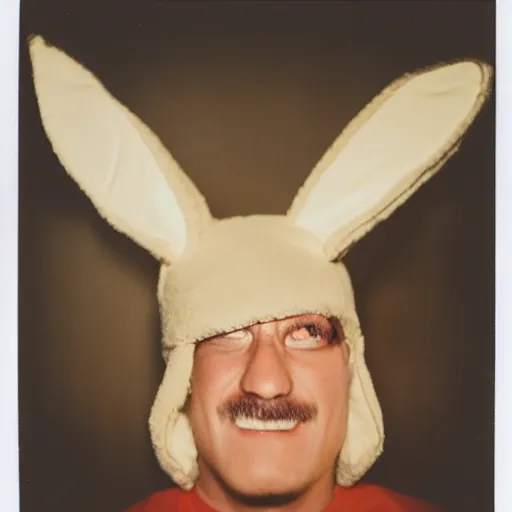 Image similar to grainy head to shoulder portrait polaroid film photograph of a man wearing a bunny costume in a rave party. looking at the camera!!. super resolution. extremely detailed. polaroid 6 0 0 film. by annie leibovitz and richard avedon