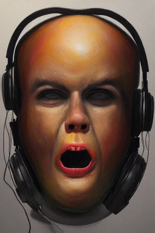Image similar to hyperrealism surrealism acrylic painting, close - up portrait of bowling ball - with big headphones and a mime sweater, aerosol splashes on paper background, art by jeff soto