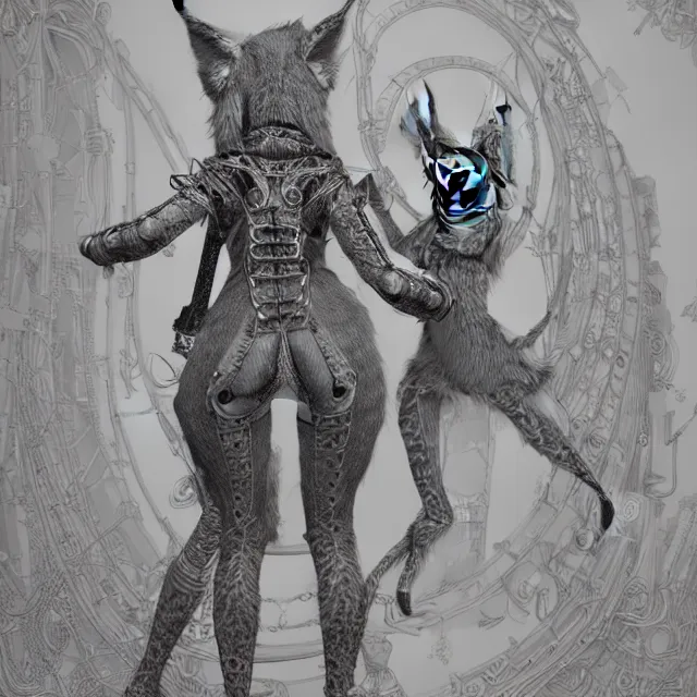 Image similar to the full body of anthropomorphic lynx fursona from behind wearing a steampunk suit as unimaginably beautiful, gorgeous, elegant, young woman with lynx head, an ultrafine hyperdetailed illustration by furaffinity, intricate linework, white fur, unreal engine 5 highly rendered, global illumination, radiant light, detailed and intricate environment, no feral, no taur