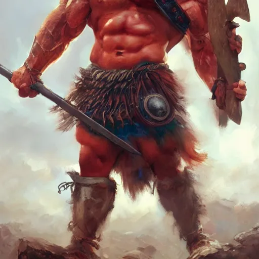 Prompt: bulky muscular scottish warrior with red hair, 4 k oil on linen by wlop, artgerm, andrei riabovitchev, nuri iyem, james gurney, james jean, greg rutkowski, highly detailed, soft lighting 8 k resolution