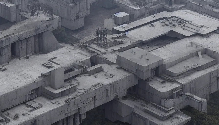 Image similar to big brutalist imperial military base on cliffs, drawing architecture, very long shot, top angle, imperial architecture in star wars, pritzker architecture prize, brutalism architecture, jan urschel, greig fraser