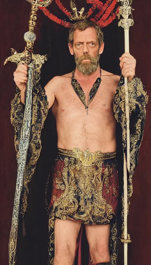 Prompt: hugh laurie as god of love, masculine, sweaty, intricate dressed in an ornate royal loin cloths and robe, and holding his love scepter, hero, intricate, highly - detailed,