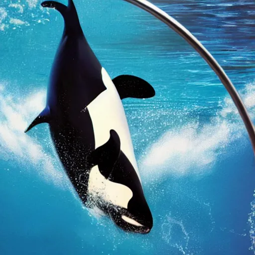 Image similar to an orca jumping through a hoop held by robbie williams, sea world, high detail