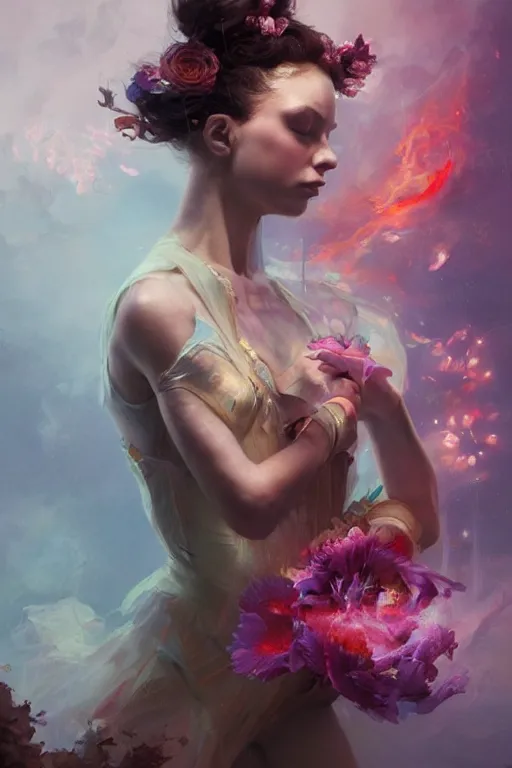 Prompt: face closeup of beautiful sad ballerina coveres with color smoke and fire, 3 d render, hyper realistic detailed portrait, holding magic flowers, ruan jia, wlop. scifi, fantasy, hyper detailed, octane render, concept art, by peter mohrbacher, by wlop, by ruan jia