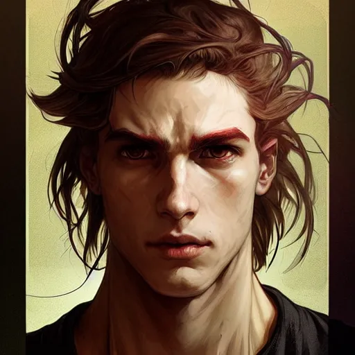 Image similar to character concept portrait, symmetrical head-on centralized, tired young man wearing tattered clothes. Detailed, high quality, dynamic lightning, fantasy. Artwork by Artgerm, WLOP, Alex Ross, Greg Rutknowski, Alphonse Mucha