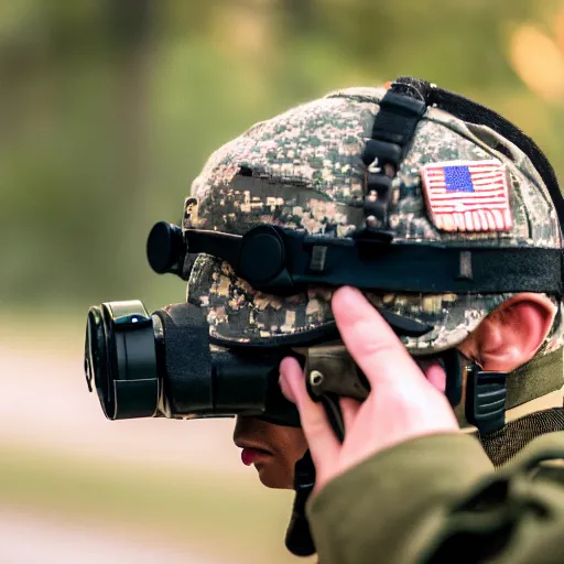 Image similar to a Fox dressed in a modern American military soldier uniform with night vision goggles, 85mm f/1.4