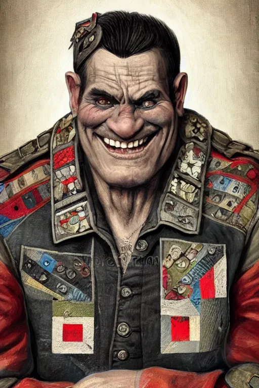 Image similar to nineteenth century style portrait of a middle aged half orc with a bemused smile on his face. dressed in a patchwork military uniform jacket with cut sleeves, runic arm tattoos, sharp focus, illustration, digital painting, art by magali villeneuve