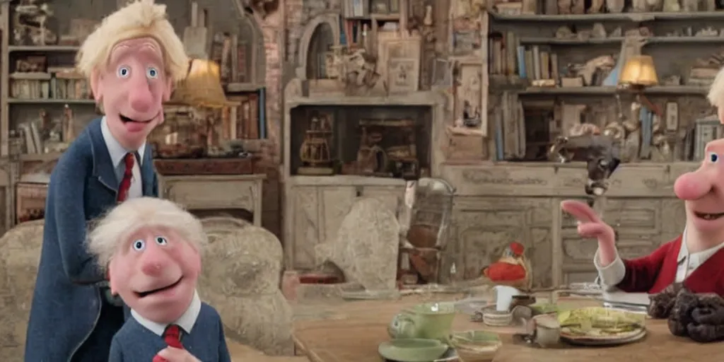 Prompt: a still from the movie Wallace and grommit featuring Boris Johnson-n 9