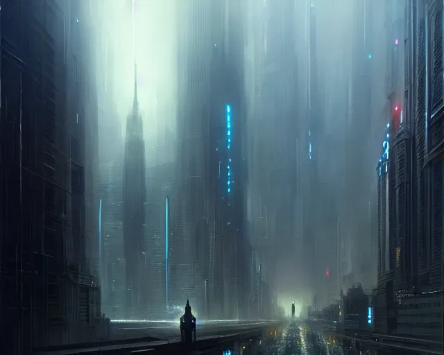 Image similar to great city being watched over by an all-seeing malevolent AI, a sci-fi digital painting by Greg Rutkowski and James Gurney, trending on Artstation, eerily beautiful, highly detailed