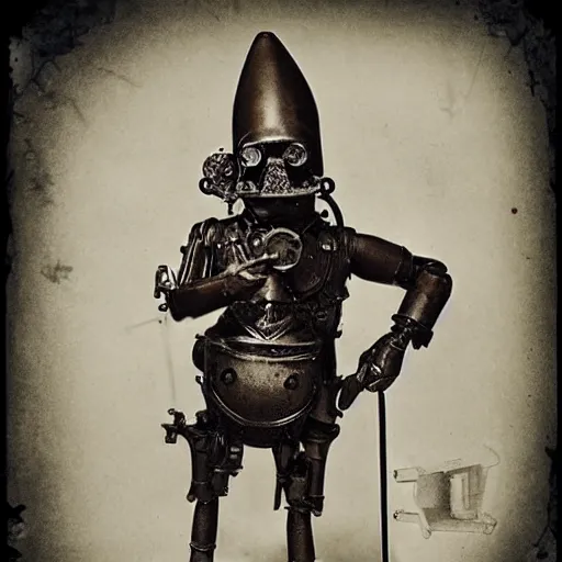 Prompt: a dnd gnome warforged, head in a tank, mechanical spider legs, steam punk style, 1920s photograph