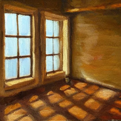 Image similar to oil painting of mostly empty cottage interior with one small window with sunlight shining on the floor. artistic. cozy. wooden floor. rustic