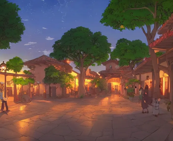 Image similar to A Spanish plaza in a small village at sunset, peaceful and serene, incredible perspective, soft lighting, anime scenery by Makoto Shinkai and studio ghibli, very detailed