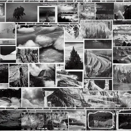 Prompt: massive mural collage of film negatives, various landscape photography negatives, contact sheet texture