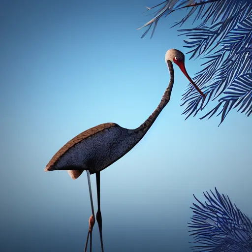 Image similar to a hybrid of a crane and a frog on the background of a blue sunset, photorealism, 4 k