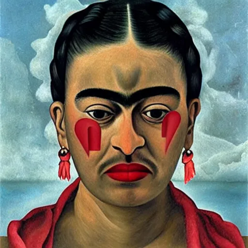 Image similar to Angel crying on top of a red cube made out of water, tears falling from eyes, oil painting by Frida Kahlo