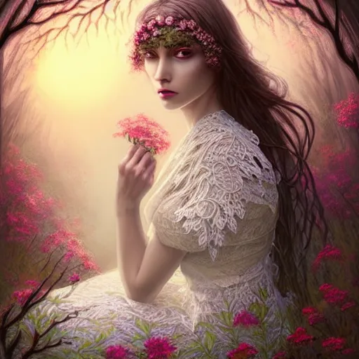 Image similar to a picture of a beautiful woman with a symmetrical detailed face, dressed in a white lace dress and covered in flowers and leaves sitting in an enchanted forest, sunset, high fantasy, elegant, epic, detailed, intricate, digital painting, concept art, realistic detailed face, smooth, focus, rim light
