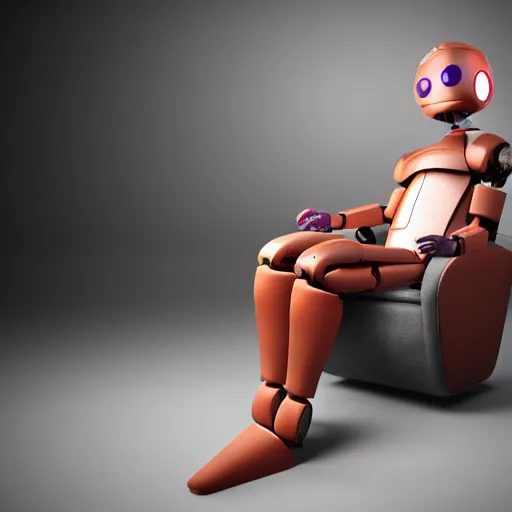 Image similar to futuristic lonely matte brown and red full-body humanoid robot with two huge round expressive sad purple glowing LED eyes and open rectangular mouth sitting on a large comfortable cushioned 1950s vintage recliner reading a newspaper. open newspaper. Cinematic Movie Photograph, Arri Alexa, Extremely Detailed, smooth, very very clean, 8K, octane render, maya render, unreal engine, trending on artstation, DSLR, excellent composition, center frame