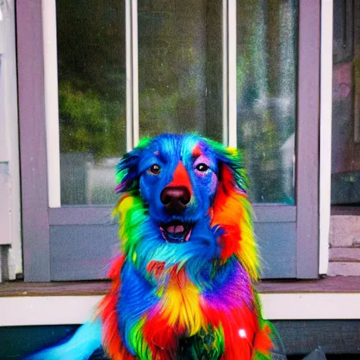 Prompt: the most colorful beautiful doggy sitting on a porch in heaven with colorful beads and explosive particles 35mm camera prototype