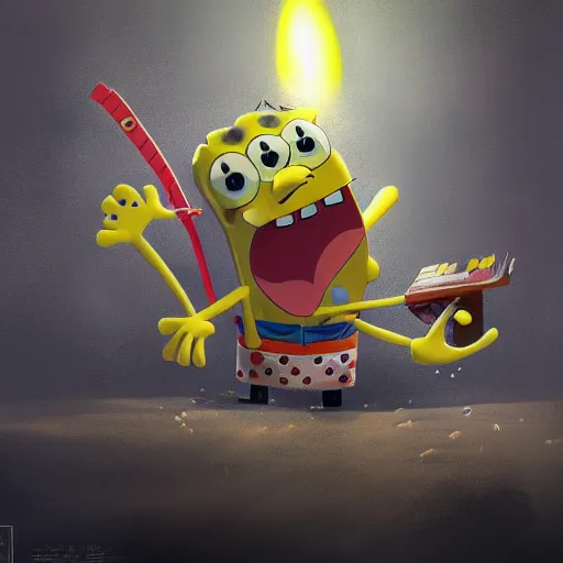 Image similar to spongebob squarepants as samurai concept art, digital painting, trending on artstation, highly detailed, epic composition, 8 k uhd