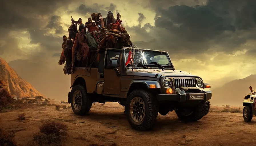 Image similar to Mahindra thar, tribe members watching nearby, an epic fantasy, dramatic lighting, cinematic, establishing shot, extremely high detail, photorealistic, cinematic lighting, artstation, by christopher nolan, horizon forbidden west