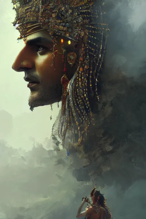 Image similar to indian god, close - up portrait, powerfull, intricate, elegant, volumetric lighting, scenery, digital painting, highly detailed, artstation, sharp focus, illustration, concept art, ruan jia, steve mccurry