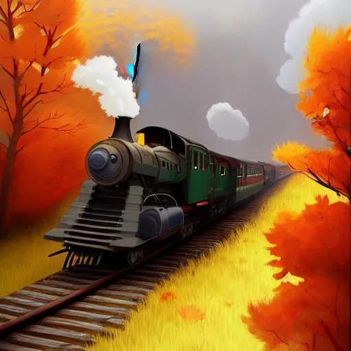 Image similar to Goro Fujita illustrating An antique steam train with a large white cloud coming out of the chimney travels through a beautiful autumn forest along the railroad tracks, art by Goro Fujita, concept art, sharp focus, ArtStation