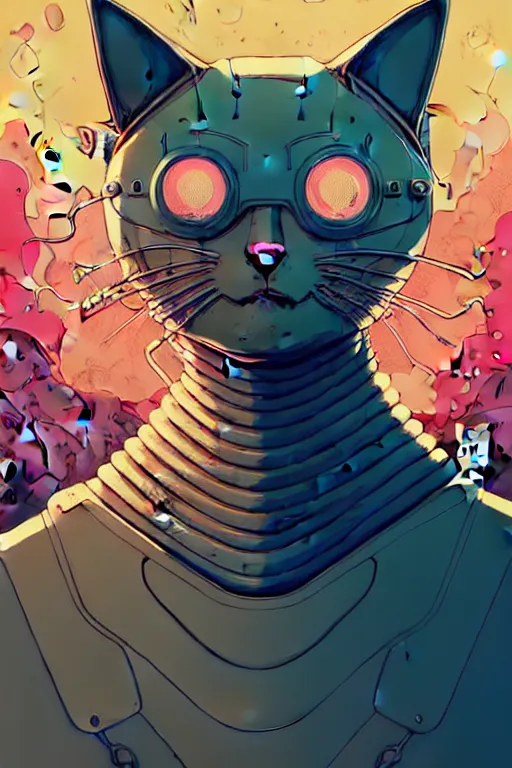 Prompt: a study of cell shaded portrait of a cat robot, llustration, post grunge, evil vibe, concept art by josan gonzales and wlop, by james jean, Victo ngai, David Rubín, Mike Mignola, Laurie Greasley, highly detailed, sharp focus, alien, Trending on Artstation, HQ, deviantart, art by artgem