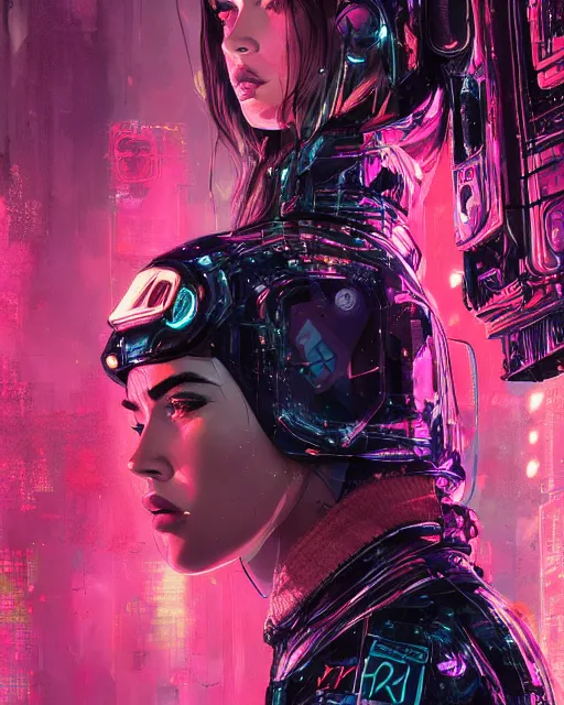 Prompt: detailed megan fox portrait neon operator girl cyberpunk futuristic neon reflective puffy coat, decorated with traditional japanese ornaments by ismail inceoglu dragan bibin hans thoma greg rutkowski alexandros pyromallis nekro rene margitte illustrated perfect face, fine details, realistic shaded, fine - face, pretty face