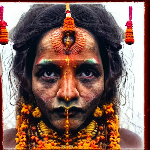 Image similar to realistic exposed expired fuji film portrait of aghori tantrik india woman, tentacled creature mix, marigold celestial vibe, hyperrealism, hypermaxiymalism, photorealistic, detailed, atmospheric, 8 k, award winning photography, cinematic