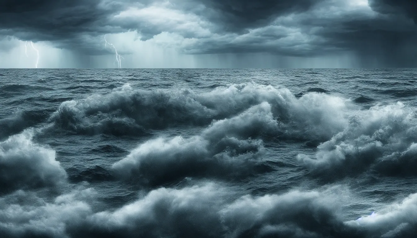 Prompt: lake, waves, nuclear rockets, strong wind, raining, distant thunder, atmospheric, scary, claustrophobic, ambient vibe, very detailed, high resolution, 8 k