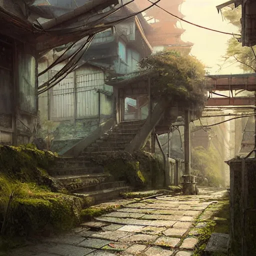 Image similar to walking around dilapidated ikeshima island, nagasaki, japan. volumetric lighting, dew, spring morning, slight overcast weather, realistic illustration, perfectly shaded, soft painting, art by krenz cushart and wenjun lin