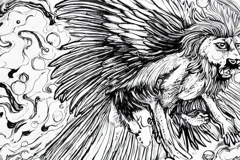 Prompt: angelic winged lioness flying in outer space, black and white ink on paper, thick outlines, 8k high quality detailed art, trending on art station, super wide angel, manga art, by Eiichiro Oda