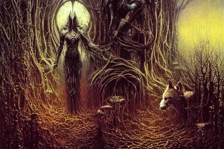 Image similar to knight, wolves in enchanted lovecraftian garden by jean delville, luis royo, beksinski, grimshaw