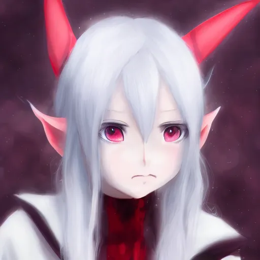 Prompt: white hair, red eyes, elf ears, two small horn on the head, anime style, anime girl, sketch, 4k, beautiful art