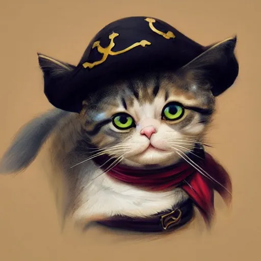 Image similar to Portrait of a Kawaii Cat dressed as a Pirate, digital painting, highly detailed, artstation, concept art, smooth, sharp focus, illustration, art by artgerm and greg rutkowski.