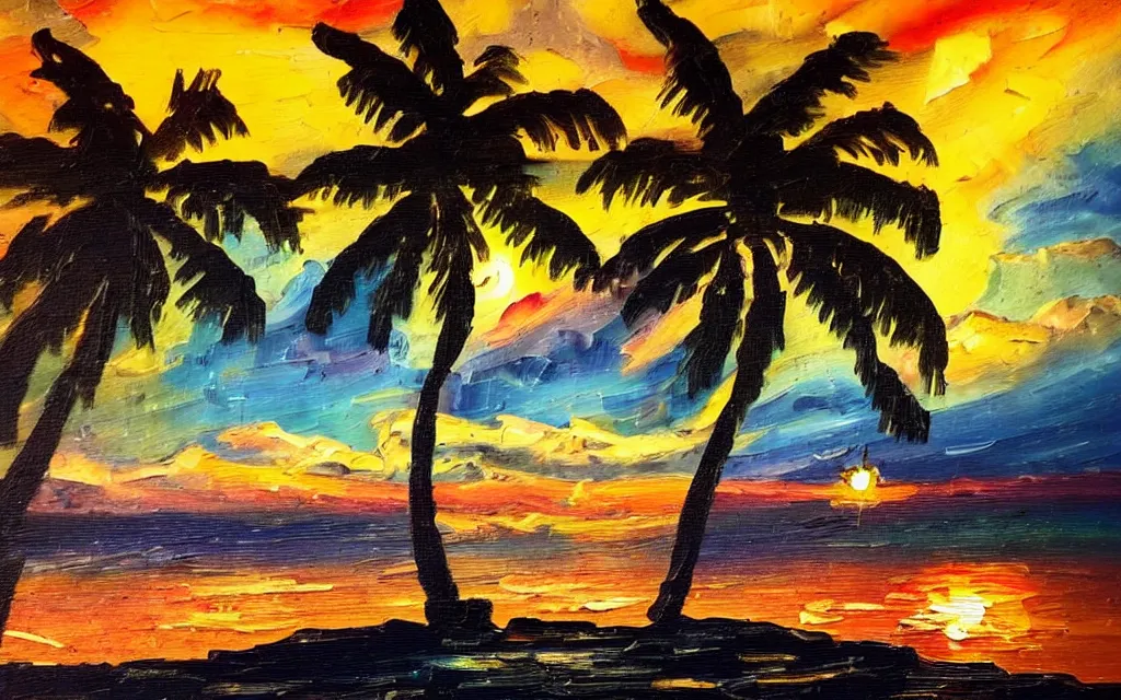 Image similar to water and a very small island! cute cozy cottage!! torches, chairs, palm trees, dark very late evening cloudy sunset, dramatic and dynamic lighting, thick brush strokes oil impasto painting