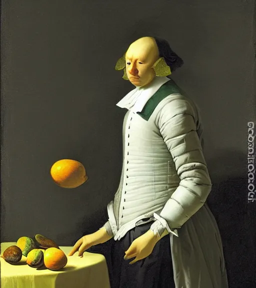 Prompt: Elegant avocado man at night, artwork by Pieter Claesz