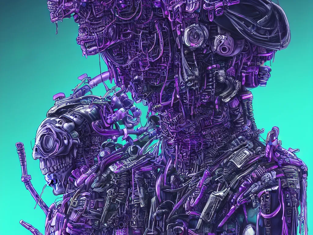 Image similar to high detailed dead android skull samurai with plants around the neck in a cyberpunk rainy city at night by Josan Gonzalez, purple and blue neons, unreal engine, high quality, 4K, UHD, trending on ArtStation, wires, blade runner vibes, ghost in the shell, akira, dorohedoro