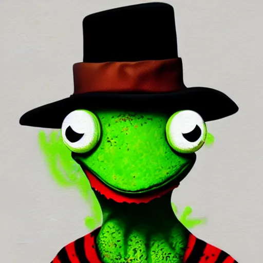 Prompt: surrealism grunge cartoon portrait sketch of Kermit The Frog, by michael karcz, loony toons style, freddy krueger style, horror theme, detailed, elegant, intricate