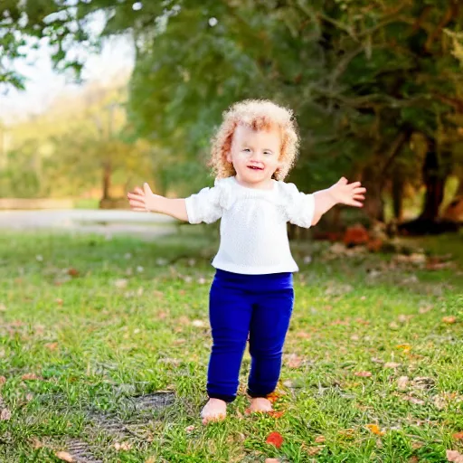 Prompt: Beautiful mischievous cute toddler girl, sunken dark blue eyes, short golden curls