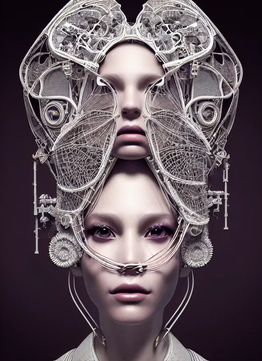 Prompt: portrait of an absurdly beautiful, graceful, sophisticated, fashionable cyberpunk mechanoid, hyperdetailed illustration by irakli nadar and alexandre ferra, intricate linework, white porcelain skin, faberge, fractal headdress, unreal engine 5 highly rendered, global illumination, radiant light, detailed and intricate environment