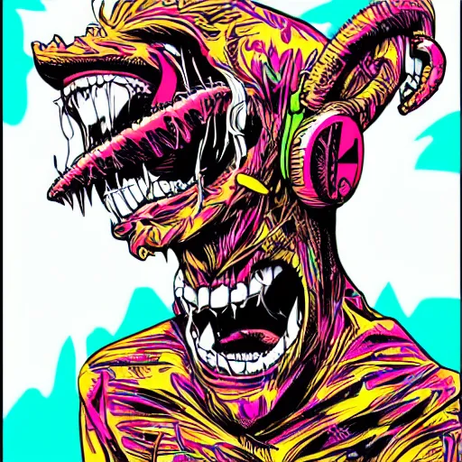 Prompt: todd mcfarlane art, artgerm, psychedelic laughing demon, rocking out, headphones dj rave, digital artwork, r. crumb, svg vector