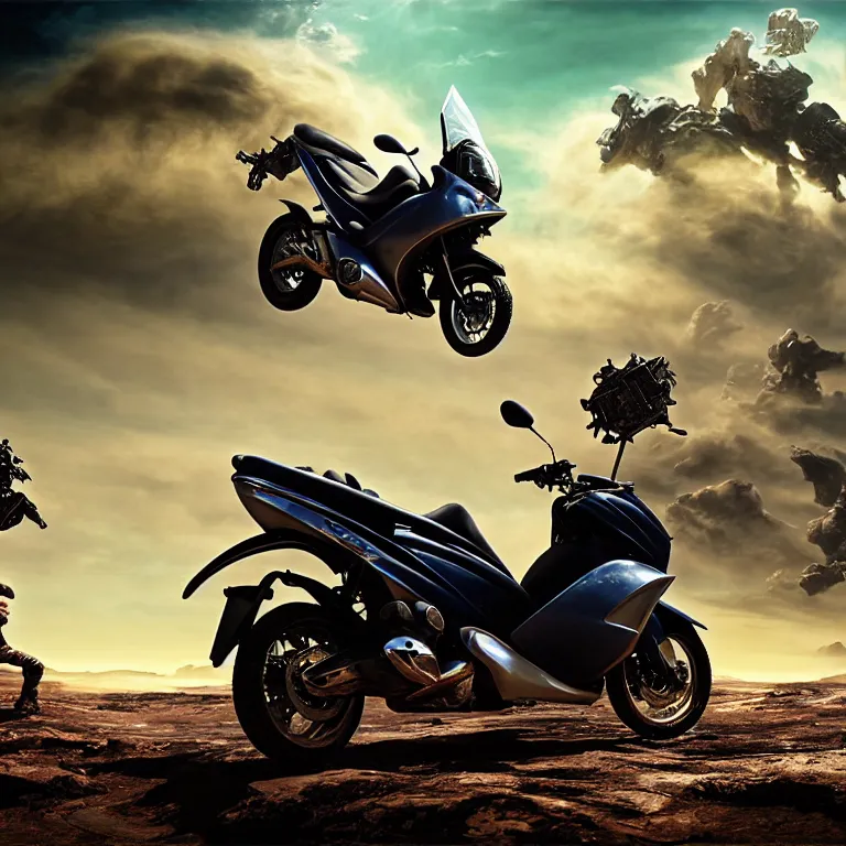 Image similar to landscape ad for yamaha aerox 2 0 0 4 motorbike in dirty wastelands on exoplanet, baroque painting, dramatic sky, beautiful intricate insanely detailed octane render, artstation, 8 k artistic photography, photorealistic, volumetric perfect light, chiaroscuro, raphael, caravaggio, beksinski, rutkowski, giger