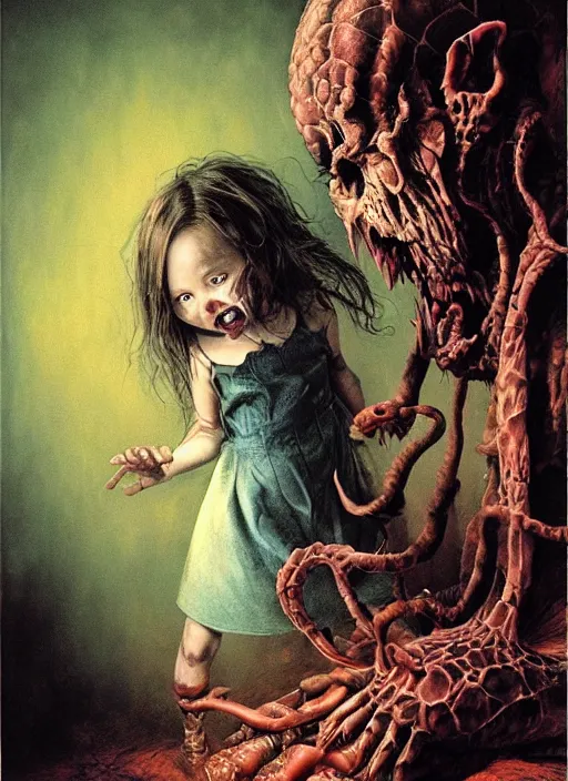 Prompt: realistic detailed image of a little girl in the room with a scary demon-monster hiding!!! and lurking under the bed in the shadows!!!. by Ayami Kojima, Amano, Karol Bak, Greg Hildebrandt, and Mark Brooks, Neo-Gothic, gothic, rich deep colors. Beksinski painting, part by Adrian Ghenie and Gerhard Richter. art by Takato Yamamoto. masterpiece